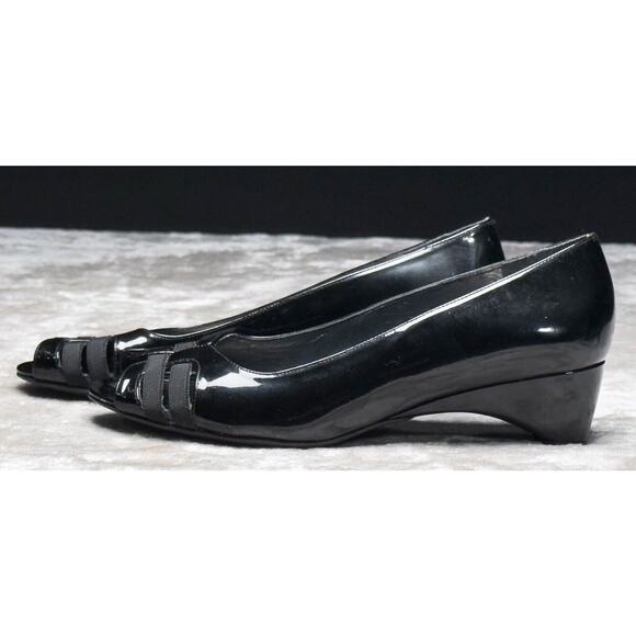 Stuart Weitzman Black Patent Leather Wedge Open Toe Heels Womens Size 9 - Picture 11 of 16